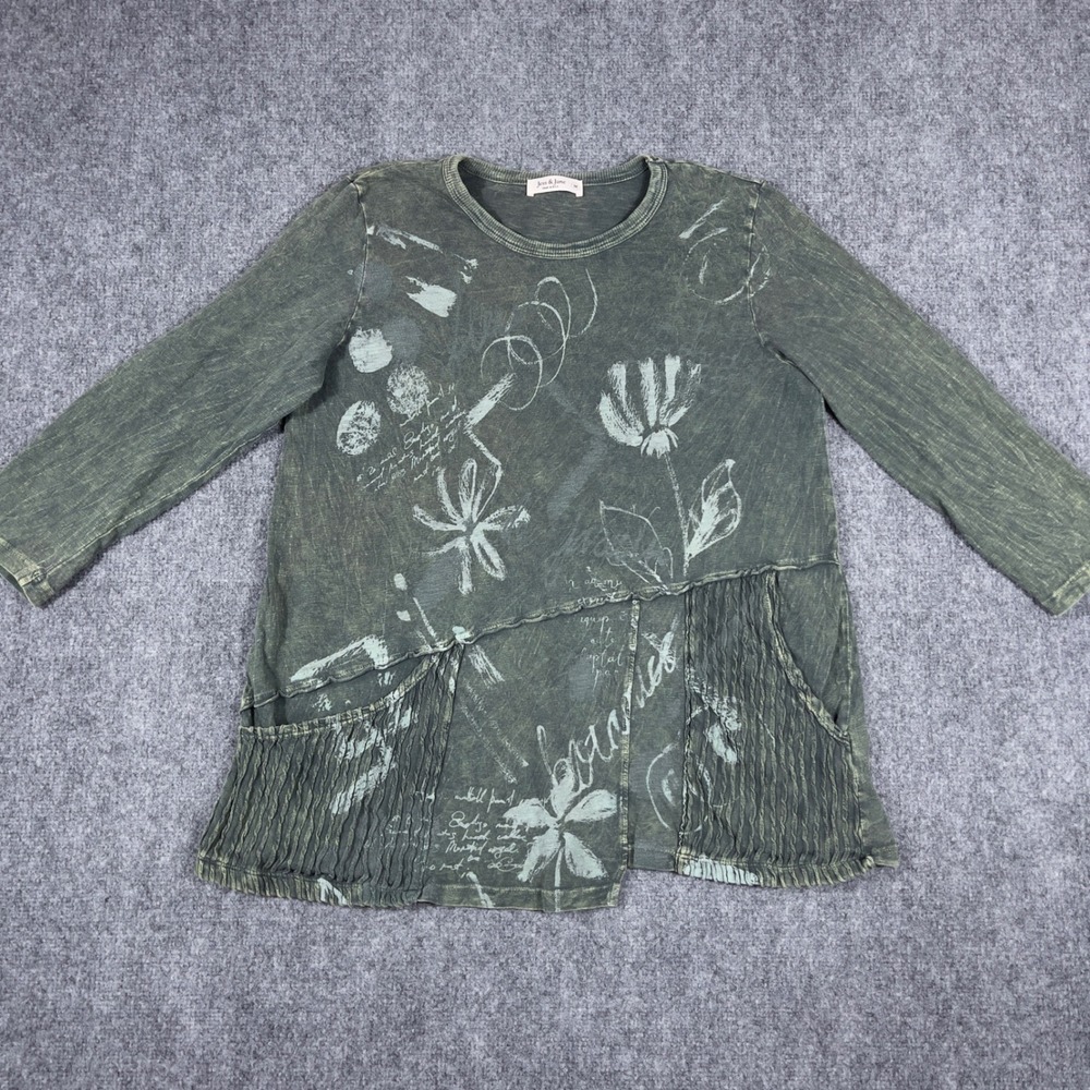Jess & Jane Tunic Top Womens Medium Green Mineral Wash Floral Lagenlook